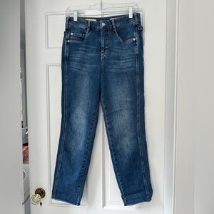 Anthropologie Pilcro High Rise Side Buckle Dark Wash Raw Hem Jeans in Size 26